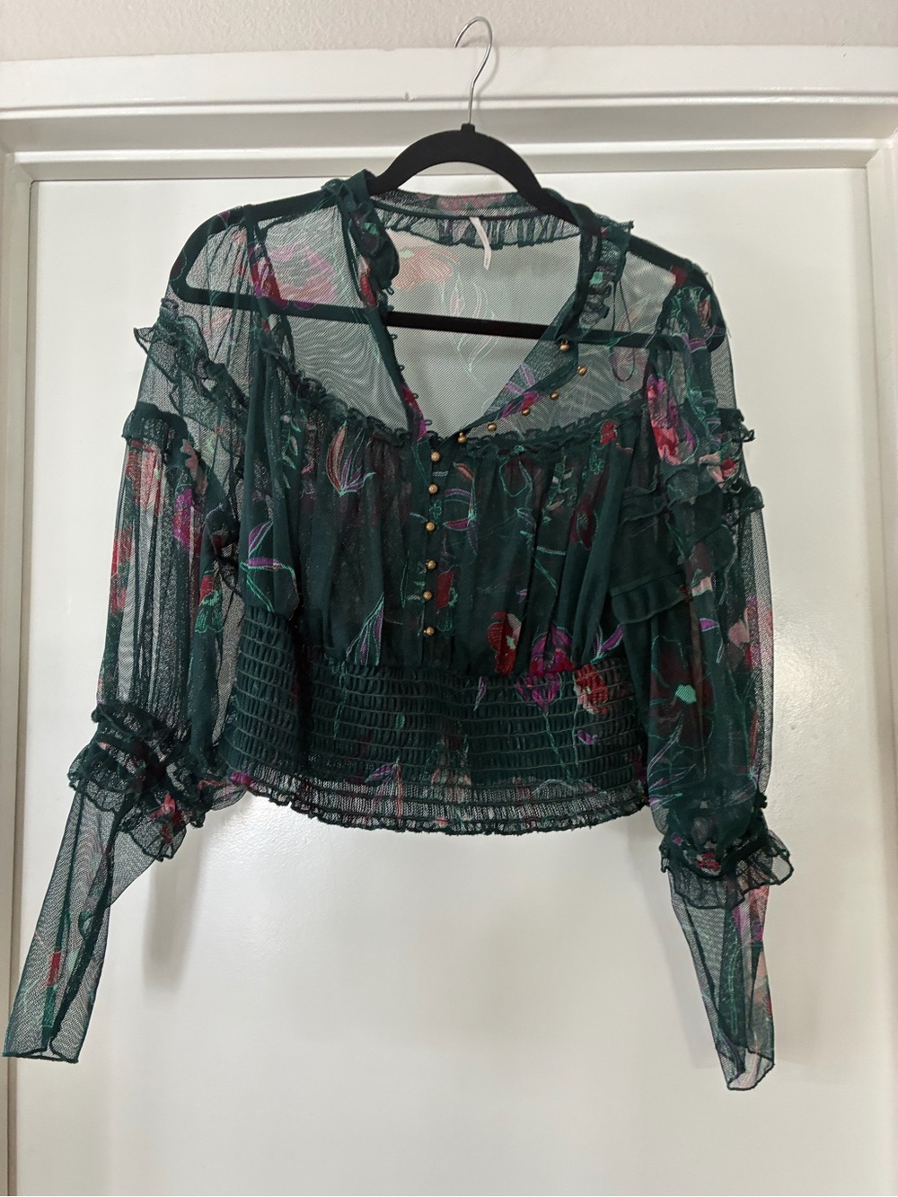 Free People Dark Green Sheer Floral Ruffle Crop Blouse